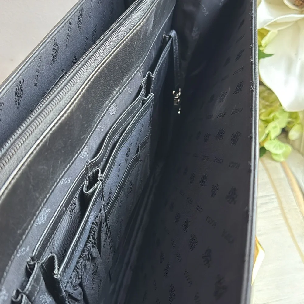 Bosca Leather Double Gusset Flapover Briefcase in Epi and Smooth Black Leather